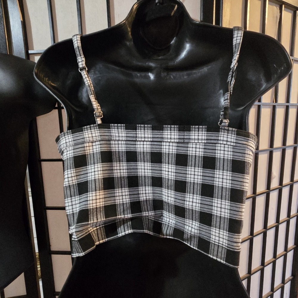 Hollister Black and White Plaid Crop Top Size M Square Neck Preppy Grunge y2k - Picture 2 of 7